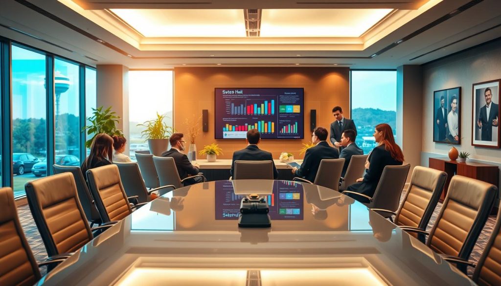 A spacious, well-lit meeting room set in Sutera Hall, designed for professional business gatherings. In the foreground, a sleek oval table surrounded by ergonomic chairs, lightly reflecting soft overhead lighting that creates an inviting atmosphere. In the middle ground, a large presentation screen displays colorful graphs and charts, while decorative indoor plants add a touch of greenery. The background features glass windows overlooking a serene landscape, allowing natural light to flood the room. The walls are adorned with modern art that enhances the professional ambiance. Capture the elegance and functionality of Sutera Hall, aiming for a bright, inspiring mood that conveys productivity and collaboration. Ensure all human figures are dressed in professional business attire, engaged in a dynamic discussion. A spacious, well-lit meeting room set in Sutera Hall, designed for professional business gatherings. In the foreground, a sleek oval table surrounded by ergonomic chairs, lightly reflecting soft overhead lighting that creates an inviting atmosphere. In the middle ground, a large presentation screen displays colorful graphs and charts, while decorative indoor plants add a touch of greenery. The background features glass windows overlooking a serene landscape, allowing natural light to flood the room. The walls are adorned with modern art that enhances the professional ambiance. Capture the elegance and functionality of Sutera Hall, aiming for a bright, inspiring mood that conveys productivity and collaboration. Ensure all human figures are dressed in professional business attire, engaged in a dynamic discussion.