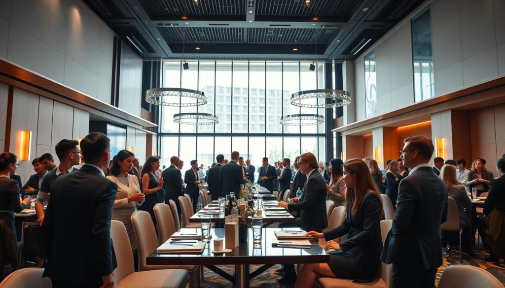 A stylish and modern conference space within Sutera Hall, showcasing a vibrant business event. In the foreground, a diverse group of professionals in sharp business attire, engaged in discussion and networking, exuding an atmosphere of collaboration and innovation. The middle ground features elegant tables set with notebooks, pens, and refreshments, emphasizing a productive environment. In the background, large windows allow natural light to flood the space, highlighting contemporary design elements with soft, warm lighting. The overall mood is inspiring and dynamic, reflecting the importance of Sutera Hall in supporting business events. Use a wide-angle lens to capture the spaciousness and energy of the venue, ensuring no text or logos are visible. A stylish and modern conference space within Sutera Hall, showcasing a vibrant business event. In the foreground, a diverse group of professionals in sharp business attire, engaged in discussion and networking, exuding an atmosphere of collaboration and innovation. The middle ground features elegant tables set with notebooks, pens, and refreshments, emphasizing a productive environment. In the background, large windows allow natural light to flood the space, highlighting contemporary design elements with soft, warm lighting. The overall mood is inspiring and dynamic, reflecting the importance of Sutera Hall in supporting business events. Use a wide-angle lens to capture the spaciousness and energy of the venue, ensuring no text or logos are visible.