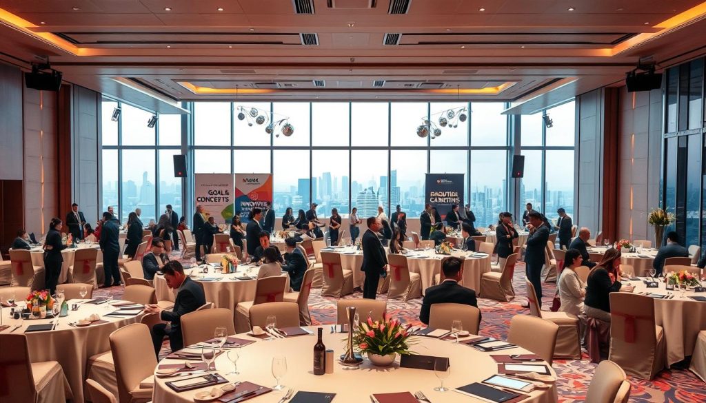 A stylish corporate event venue at Sutera Hall, featuring a spacious layout with elegant round tables set for a business gathering. In the foreground, diverse professionals in business attire, engaged in discussion and collaboration, symbolize the goal of networking and partnership. The middle ground shows modern decorations, including banners reflecting innovation and collaboration, while ambient lighting creates a warm and inviting atmosphere. In the background, large windows showcase a panoramic view of a city skyline, infusing the space with natural light. The scene captures a professional yet vibrant mood, emphasizing the purpose of setting goals and concepts for a corporate event, with an emphasis on teamwork and planning. A stylish corporate event venue at Sutera Hall, featuring a spacious layout with elegant round tables set for a business gathering. In the foreground, diverse professionals in business attire, engaged in discussion and collaboration, symbolize the goal of networking and partnership. The middle ground shows modern decorations, including banners reflecting innovation and collaboration, while ambient lighting creates a warm and inviting atmosphere. In the background, large windows showcase a panoramic view of a city skyline, infusing the space with natural light. The scene captures a professional yet vibrant mood, emphasizing the purpose of setting goals and concepts for a corporate event, with an emphasis on teamwork and planning.