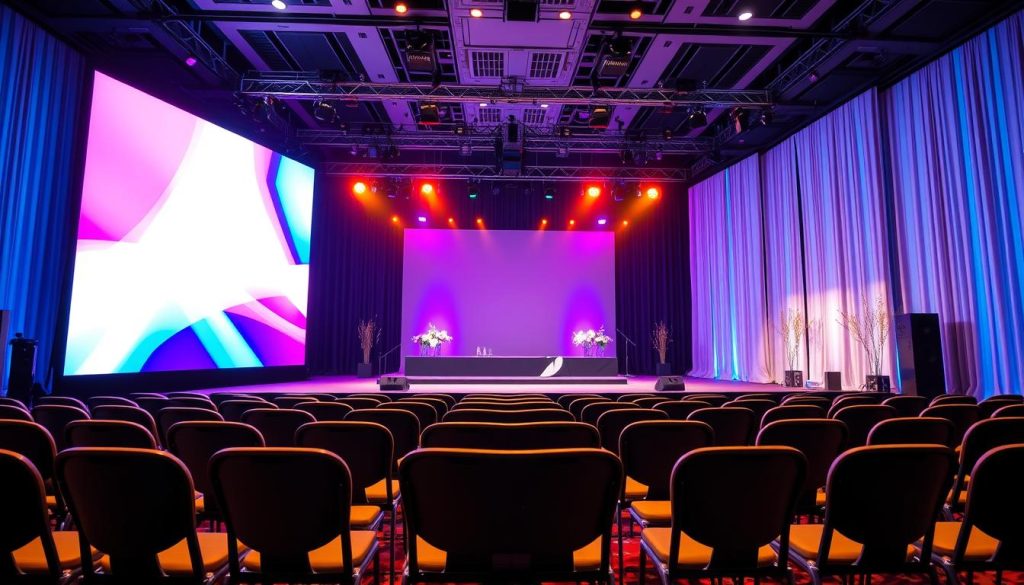 A vibrant and modern stage setup for a product launching event at Sutera Hall, Tangerang, featuring a large LED wall prominently displayed. In the foreground, the LED wall shows a dynamic, colorful visual but is currently blank, symbolizing potential. The middle ground includes a sleek, professional stage adorned with minimalist decor, spotlights casting warm and cool lighting to create an inviting atmosphere. A row of chairs in the forefront suggests an audience ready for the event, all positioned neatly. The background features elegant curtains and subtle decorative elements that reflect a high-tech ambiance. The overall mood is energetic and anticipatory, capturing the essence of an exciting product reveal. The angle is slightly elevated, providing a comprehensive view of the stage and audience setup. A vibrant and modern stage setup for a product launching event at Sutera Hall, Tangerang, featuring a large LED wall prominently displayed. In the foreground, the LED wall shows a dynamic, colorful visual but is currently blank, symbolizing potential. The middle ground includes a sleek, professional stage adorned with minimalist decor, spotlights casting warm and cool lighting to create an inviting atmosphere. A row of chairs in the forefront suggests an audience ready for the event, all positioned neatly. The background features elegant curtains and subtle decorative elements that reflect a high-tech ambiance. The overall mood is energetic and anticipatory, capturing the essence of an exciting product reveal. The angle is slightly elevated, providing a comprehensive view of the stage and audience setup.