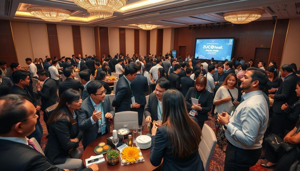 A vibrant corporate event taking place at Sutera Hall, featuring a diverse group of professionals in smart business attire engaged in networking and discussions. In the foreground, a small gathering of attendees animatedly exchanging ideas over a round table adorned with refreshments. The middle ground showcases a spacious venue filled with people mingling, with elegantly arranged seating and stylish decorations. The background includes a stage featuring a large screen displaying professional branding. Soft, warm lighting creates an inviting atmosphere, while a wide-angle lens captures the scene, emphasizing the energy and collaboration that corporate events foster. The mood is professional yet friendly, promoting engagement and connection among attendees.