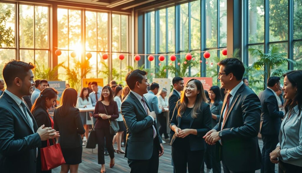 A vibrant corporate internal event designed to strengthen employee relationships at Sutera Hall. In the foreground, a diverse group of professionals in smart business attire, animatedly engaging in team-building activities, such as cooperative games and discussions. The middle ground showcases various interactive stations with colorful decorations, fostering collaboration and connection. In the background, large windows let in warm sunlight, illuminating the spacious venue filled with greenery, creating an inviting atmosphere. The overall mood is cheerful and motivating, capturing moments of laughter and camaraderie among coworkers. The scene is shot from a slightly elevated angle to encompass the breadth of activities, emphasizing community and teamwork within a professional setting.