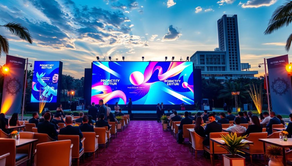 A vibrant outdoor event scene at Sutera Hall in Tangerang, showcasing a large, illuminated LED wall displaying colorful graphics. In the foreground, a neatly arranged seating area with stylish chairs and tables, with professionals in business attire engaging in discussions. The middle ground features the impressive LED wall, glowing with dynamic visuals, surrounded by elegantly decorated event banners and plants. In the background, the modern architecture of Sutera Hall stands tall under a sunset sky, casting warm light. Soft golden lighting enhances the festive atmosphere, suggesting a professional yet inviting mood. The image captures a moment of anticipation, perfectly illustrating the theme of renting LED walls for product launches. A vibrant outdoor event scene at Sutera Hall in Tangerang, showcasing a large, illuminated LED wall displaying colorful graphics. In the foreground, a neatly arranged seating area with stylish chairs and tables, with professionals in business attire engaging in discussions. The middle ground features the impressive LED wall, glowing with dynamic visuals, surrounded by elegantly decorated event banners and plants. In the background, the modern architecture of Sutera Hall stands tall under a sunset sky, casting warm light. Soft golden lighting enhances the festive atmosphere, suggesting a professional yet inviting mood. The image captures a moment of anticipation, perfectly illustrating the theme of renting LED walls for product launches.