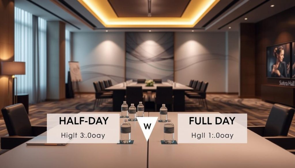 A visually engaging comparison graphic of business meeting packages, showcasing a "Half Day" meeting package versus a "Full Day" package at Sutera Hall. In the foreground, display two elegant conference tables set up with professional meeting materials, such as laptops, notepads, and water bottles. The middle ground features an inviting room layout, elegantly decorated with soft lighting and modern decor, conducive to a productive atmosphere. In the background, the wall displays subtle design elements suggesting professionalism, like abstract art or branding for Sutera Hall. The lighting is warm and inviting, creating an atmosphere of efficiency and collaboration. The overall mood should reflect a sense of choice and suitability for corporate needs without any text or branding clutter.
