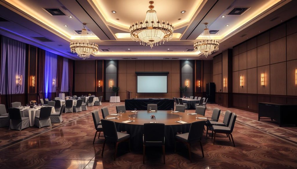 A visually striking comparison between a grand ballroom and a modern meeting room for conferences at "Sutera Hall". In the foreground, illustrate an elegantly decorated ballroom with chandeliers, round tables set for a gala, and luxurious drapery, inviting an atmosphere of celebration. In the middle, depict a sleek meeting room with a large conference table, comfortable chairs, a projector screen, and contemporary decor, suggesting focus and productivity. In the background, use soft lighting that emphasizes the contrasting settings, with the ballroom bathed in warm hues and the meeting room in cooler, professional tones. Capture the essence of each space, reflecting the purpose they serve, while ensuring a polished and sophisticated look that enhances the overall mood.