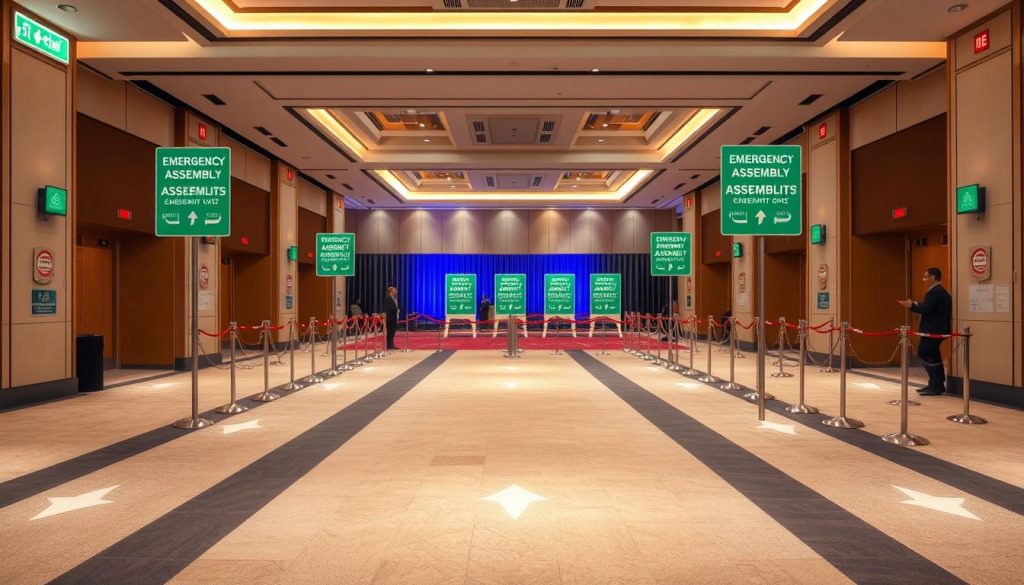 A well-organized corporate event evacuation route inside Sutera Hall, showcasing clear pathways marked with directional arrows and emergency exit signs. The foreground features a clean, wide aisle paved with non-slip flooring, ensuring accessibility. In the middle ground, there are a series of emergency assembly points highlighted with green signage and safely spaced barriers. The background displays the venue's elegant architecture with high ceilings and modern lighting, ensuring a well-lit and inviting atmosphere. Use soft, natural lighting to create a sense of calm and preparedness. The mood is professional yet reassuring, ideal for a corporate event setting. Ensure any visible individuals are depicted in professional business attire, observing safety protocols. A well-organized corporate event evacuation route inside Sutera Hall, showcasing clear pathways marked with directional arrows and emergency exit signs. The foreground features a clean, wide aisle paved with non-slip flooring, ensuring accessibility. In the middle ground, there are a series of emergency assembly points highlighted with green signage and safely spaced barriers. The background displays the venue's elegant architecture with high ceilings and modern lighting, ensuring a well-lit and inviting atmosphere. Use soft, natural lighting to create a sense of calm and preparedness. The mood is professional yet reassuring, ideal for a corporate event setting. Ensure any visible individuals are depicted in professional business attire, observing safety protocols.