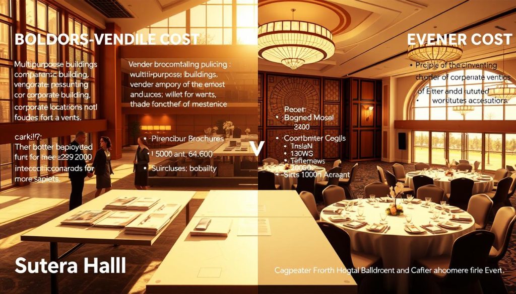 An elegant split-image infographic comparing vendor costs and venue locations for corporate events, featuring "Sutera Hall" in the foreground. On one side, illustrate the versatility and community vibe of a multipurpose building with professional business attire figures discussing logistics, well-lit by natural sunlight streaming through large windows. The middle section shows contrasting elements: an organized table with vendor brochures, cost breakdowns, and maps, all arranged neatly. The background features a luxurious hotel ballroom adorned with tasteful decor, showcasing its sophisticated ambiance and formal lighting. Capture a warm, inviting atmosphere with an emphasis on coordination ease and accessibility for events. An elegant split-image infographic comparing vendor costs and venue locations for corporate events, featuring "Sutera Hall" in the foreground. On one side, illustrate the versatility and community vibe of a multipurpose building with professional business attire figures discussing logistics, well-lit by natural sunlight streaming through large windows. The middle section shows contrasting elements: an organized table with vendor brochures, cost breakdowns, and maps, all arranged neatly. The background features a luxurious hotel ballroom adorned with tasteful decor, showcasing its sophisticated ambiance and formal lighting. Capture a warm, inviting atmosphere with an emphasis on coordination ease and accessibility for events.