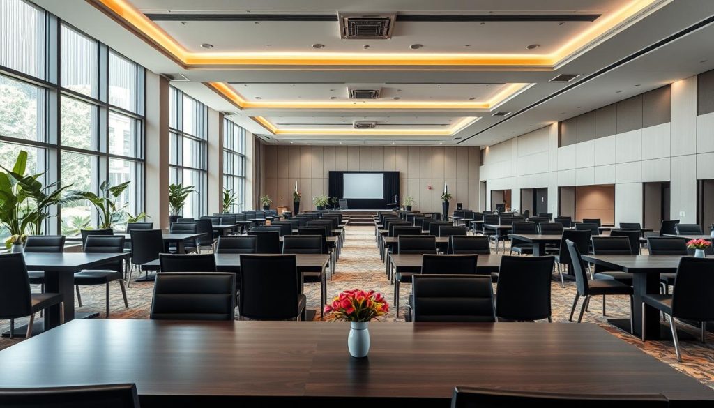 An elegant view of Sutera Hall, a spacious and modern event space designed for corporate meetings and events, captured during daylight. In the foreground, a beautifully arranged seating area with sleek, dark wooden tables and comfortable, ergonomic chairs set for a workshop. In the middle ground, the hall features large windows allowing natural light to flood in, illuminating the minimalist décor with vibrant potted plants. The background shows an expansive area with a subtle stage setup, complete with a projector screen and sophisticated lighting elements. The ambiance is professional yet inviting, ideal for a corporate environment, emphasizing collaboration and innovation. The overall atmosphere is bright and energizing, reflecting a space ready for impactful events. An elegant view of Sutera Hall, a spacious and modern event space designed for corporate meetings and events, captured during daylight. In the foreground, a beautifully arranged seating area with sleek, dark wooden tables and comfortable, ergonomic chairs set for a workshop. In the middle ground, the hall features large windows allowing natural light to flood in, illuminating the minimalist décor with vibrant potted plants. The background shows an expansive area with a subtle stage setup, complete with a projector screen and sophisticated lighting elements. The ambiance is professional yet inviting, ideal for a corporate environment, emphasizing collaboration and innovation. The overall atmosphere is bright and energizing, reflecting a space ready for impactful events.