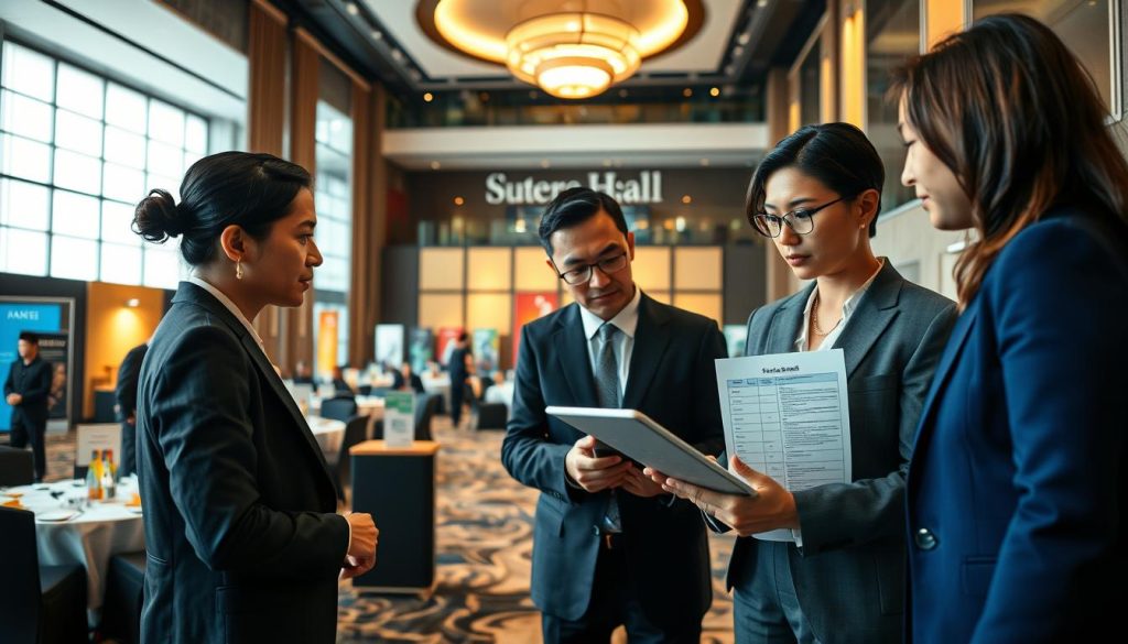 An image showcasing a detailed risk assessment for a corporate event at Sutera Hall. In the foreground, a diverse group of three professionals, dressed in smart business attire, is engaged in discussion while reviewing a tablet and safety checklist. The middle ground features a well-organized event layout, including tables with safety equipment, signage, and emergency exits. The background shows the elegant interior of Sutera Hall, with ambient lighting highlighting the modern architecture and spacious layout. The atmosphere is serious yet collaborative, reflecting a proactive approach to safety. Use natural light to illuminate the scene, and capture the composition from a slightly elevated angle to provide a clear view of both the subjects and the surroundings. An image showcasing a detailed risk assessment for a corporate event at Sutera Hall. In the foreground, a diverse group of three professionals, dressed in smart business attire, is engaged in discussion while reviewing a tablet and safety checklist. The middle ground features a well-organized event layout, including tables with safety equipment, signage, and emergency exits. The background shows the elegant interior of Sutera Hall, with ambient lighting highlighting the modern architecture and spacious layout. The atmosphere is serious yet collaborative, reflecting a proactive approach to safety. Use natural light to illuminate the scene, and capture the composition from a slightly elevated angle to provide a clear view of both the subjects and the surroundings.