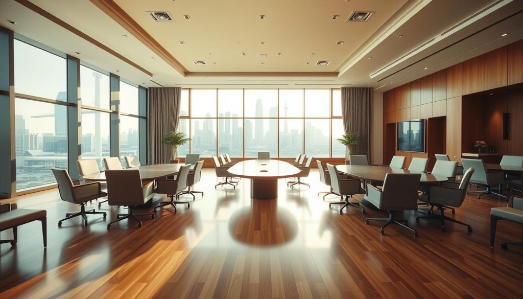 Sutera Hall in BSD City, a modern event space designed for meetings of up to 100 people, showcased in a bright and inviting environment. The foreground features a spacious conference room with sleek, contemporary furniture, including a large oval table surrounded by ergonomic chairs. The middle ground displays large windows allowing natural light to flood the space, reflecting off polished wooden floors, with elegant decor that adds a professional touch. In the background, the skyline of Tangerang is visible through the glass, blending urban elements with the hall's serene ambiance. Soft lighting creates a warm, welcoming atmosphere, making it ideal for collaborations. Capture this scene with a wide-angle lens to highlight the space's expansiveness and sophistication. Avoid any people, focusing solely on the elegant interior and stunning views of the surrounding area, creating a scene that embodies business professionalism and comfort. Sutera Hall in BSD City, a modern event space designed for meetings of up to 100 people, showcased in a bright and inviting environment. The foreground features a spacious conference room with sleek, contemporary furniture, including a large oval table surrounded by ergonomic chairs. The middle ground displays large windows allowing natural light to flood the space, reflecting off polished wooden floors, with elegant decor that adds a professional touch. In the background, the skyline of Tangerang is visible through the glass, blending urban elements with the hall's serene ambiance. Soft lighting creates a warm, welcoming atmosphere, making it ideal for collaborations. Capture this scene with a wide-angle lens to highlight the space's expansiveness and sophistication. Avoid any people, focusing solely on the elegant interior and stunning views of the surrounding area, creating a scene that embodies business professionalism and comfort.
